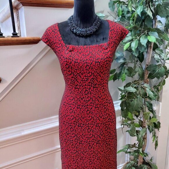🌹🐾❤️Gorgeous Calvin Klein Red Black Textured Leopard Print Sleeveless Dress - Picture 6 of 17